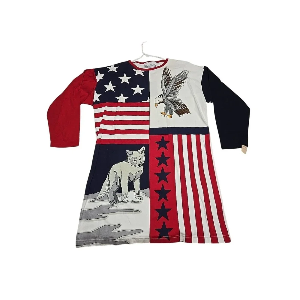 Vintage The Eagle's Eye Long L TALL Shirt Night WOLF American Flag Conservation